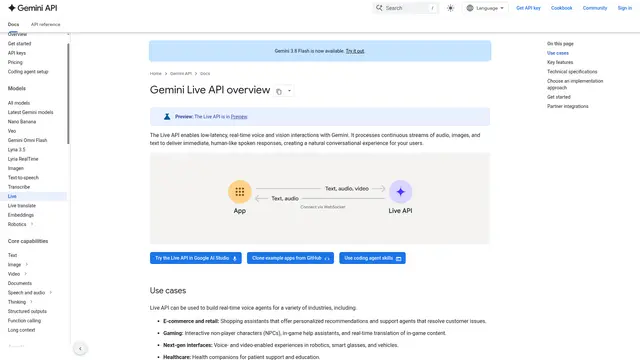 Gemini Live API vendor website preview
